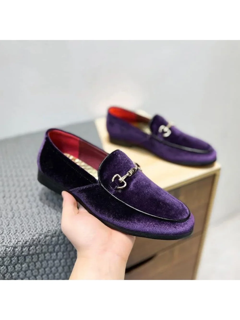 LCQL Men's Purple Leather Velvet Loafer Gold Buckle Slip On Comfortable Shoes